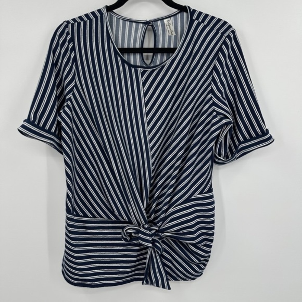 Striped Navy Tie-Front Women’s Top - Picture 1 of 4